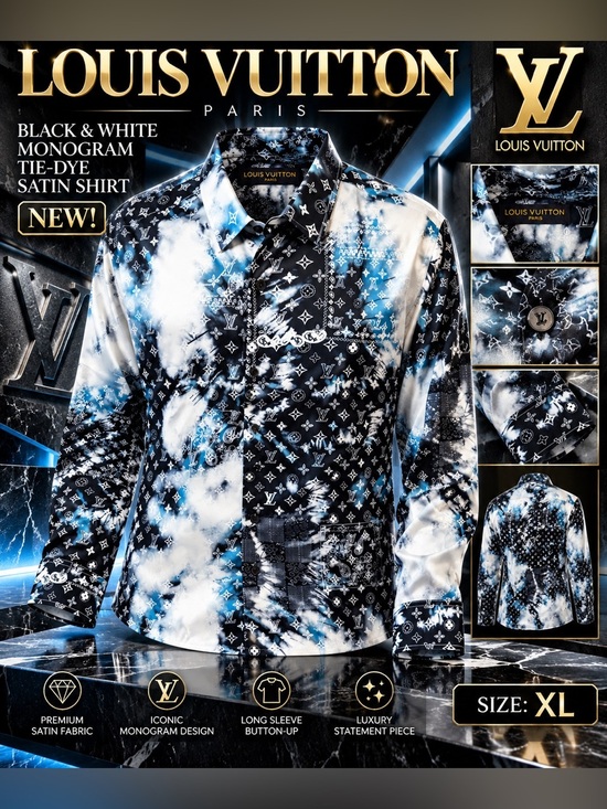 Louis Vuitton Other - Louis Vuitton Black & White Monogram Tie-Dye Satin Shirt🔥Size:XL